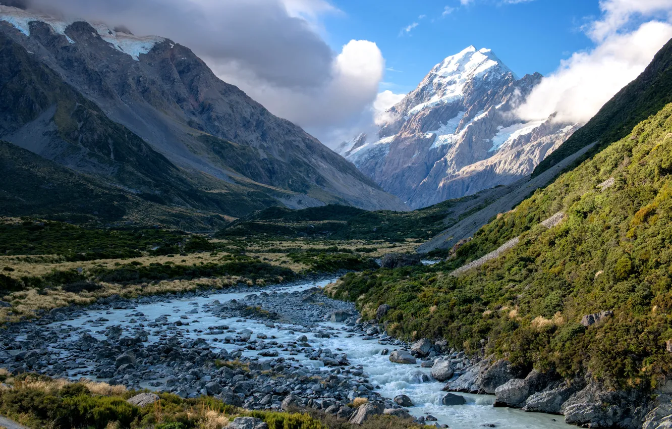 Photo wallpaper mountains, stones, tops, river
