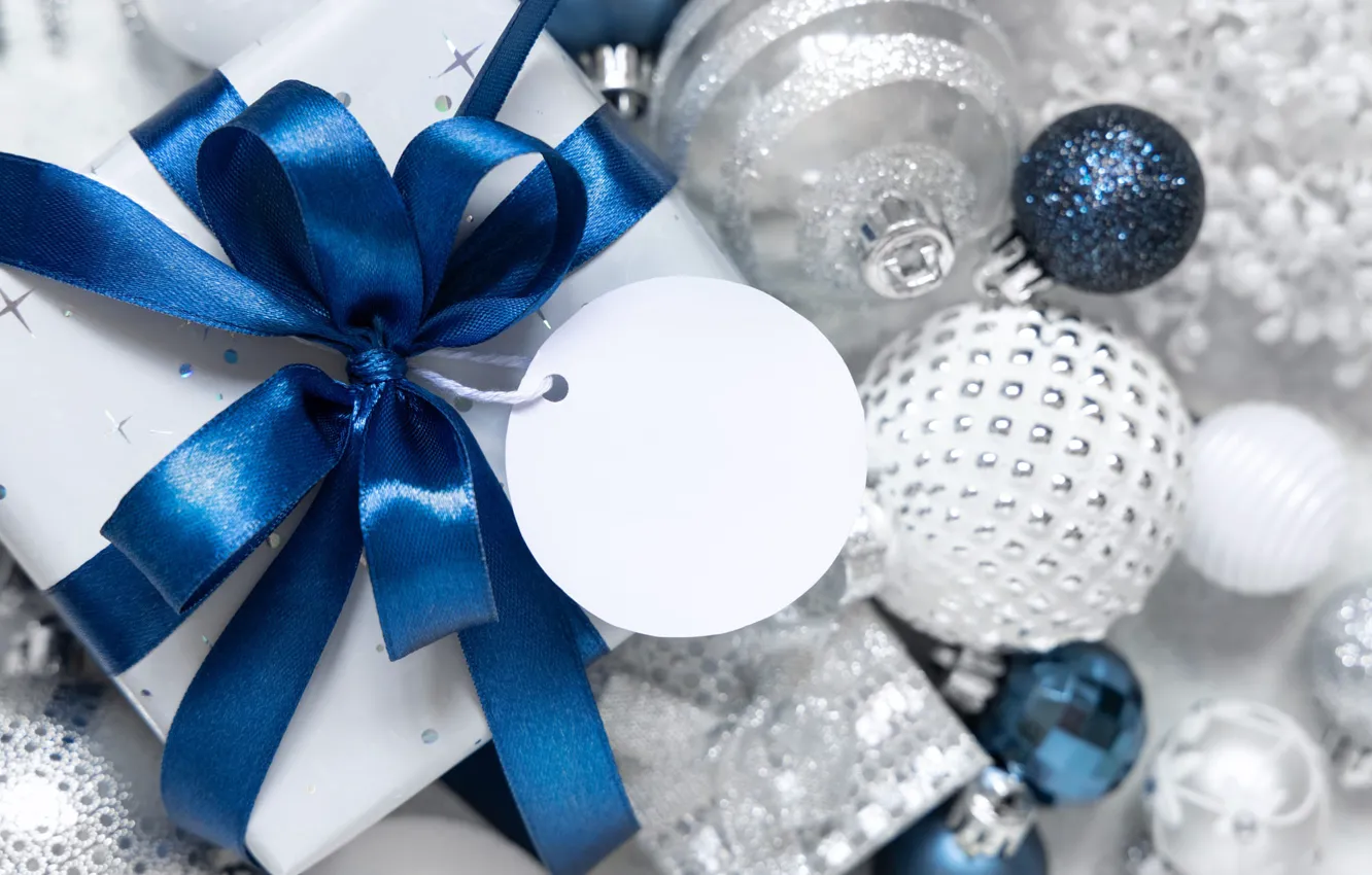 Photo wallpaper balls, decoration, blue, holiday, box, gift, Shine, Christmas