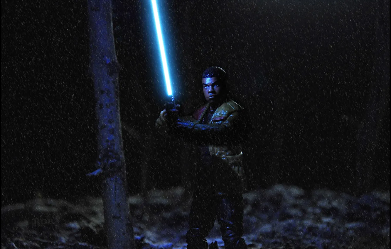 Photo wallpaper forest, toy, Star Wars, battle, Blizzard, lightsaber, Finn Galfridian