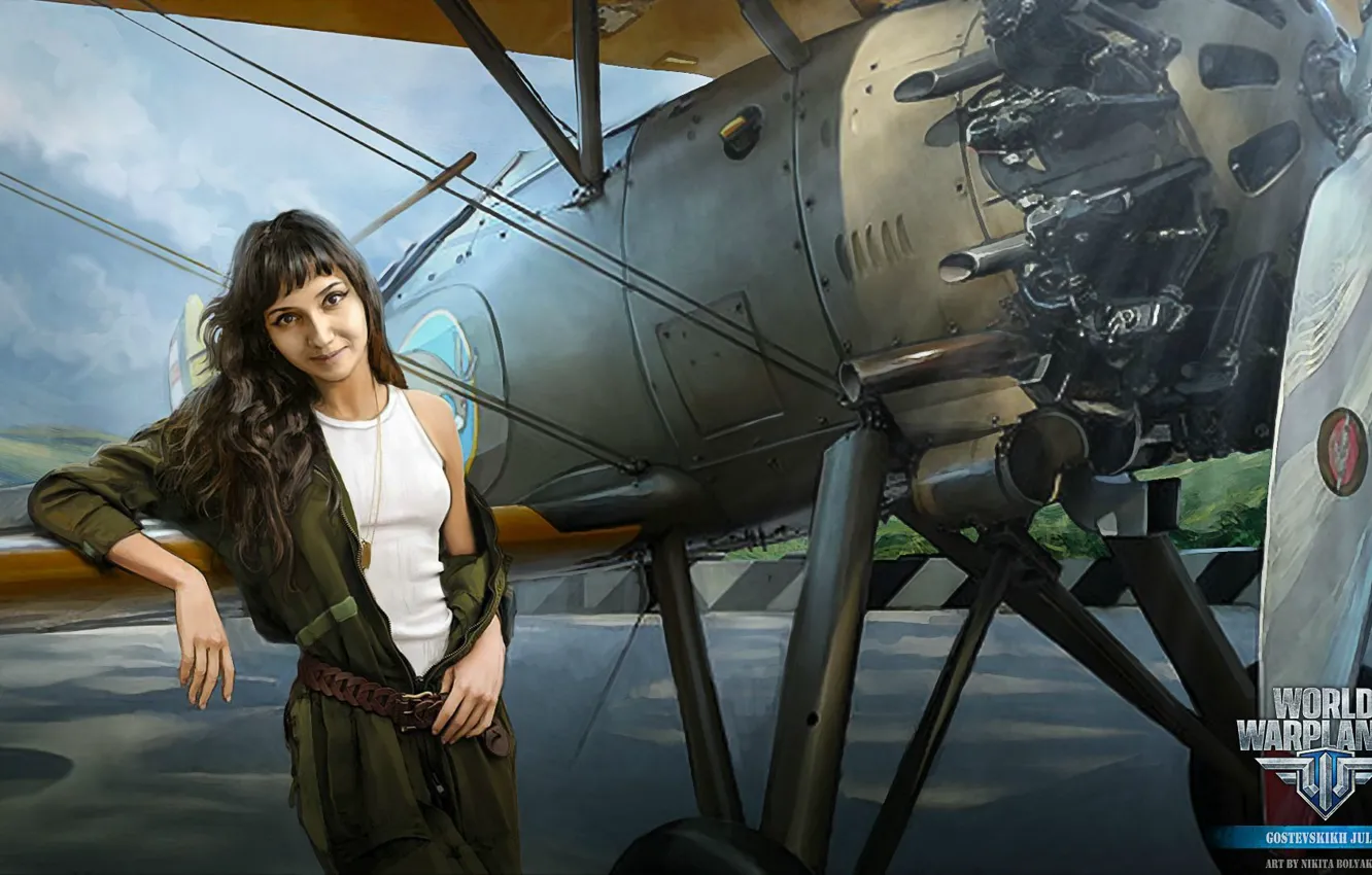 Photo wallpaper girl, jumpsuit, biplane, World of Warplanes