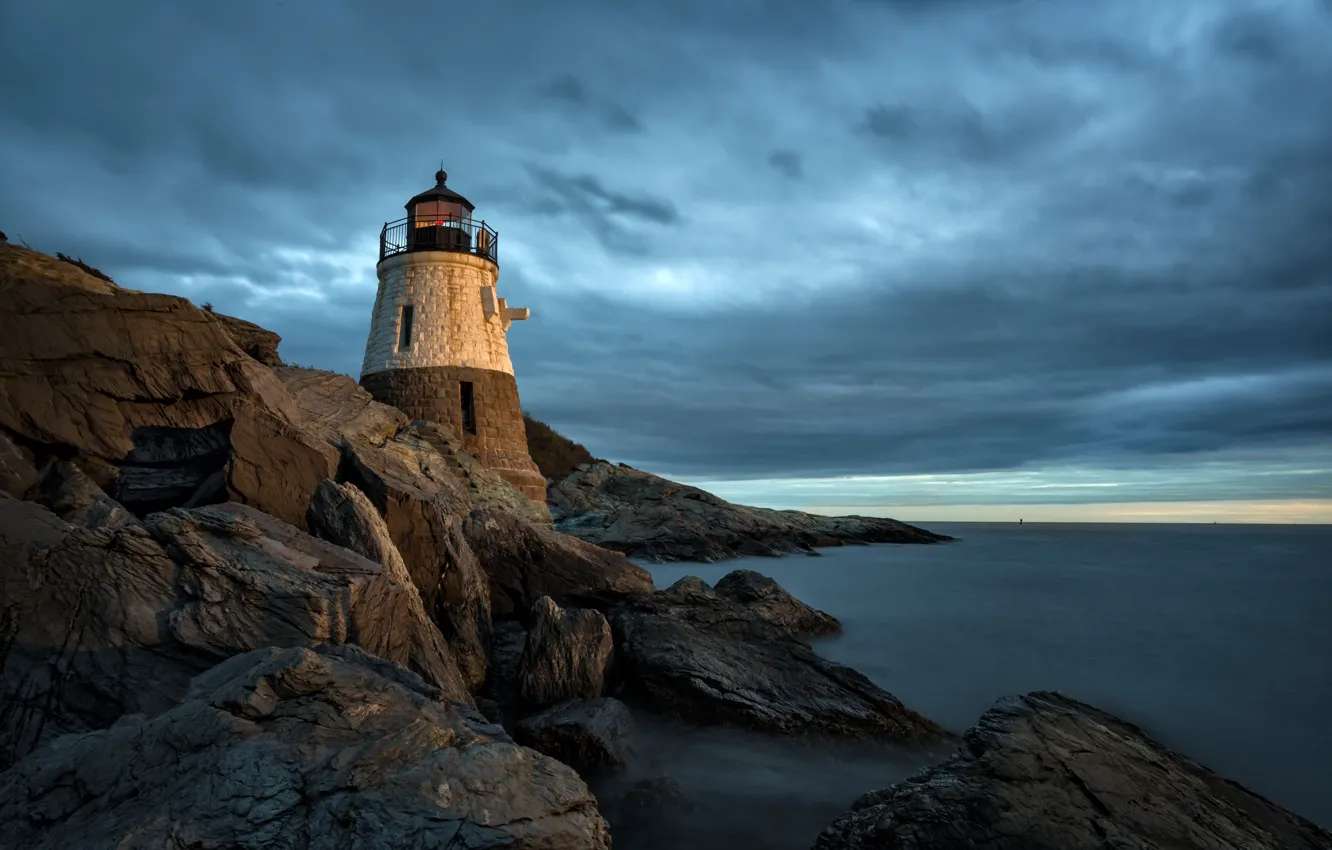 Photo wallpaper sea, sunset, shore, lighthouse