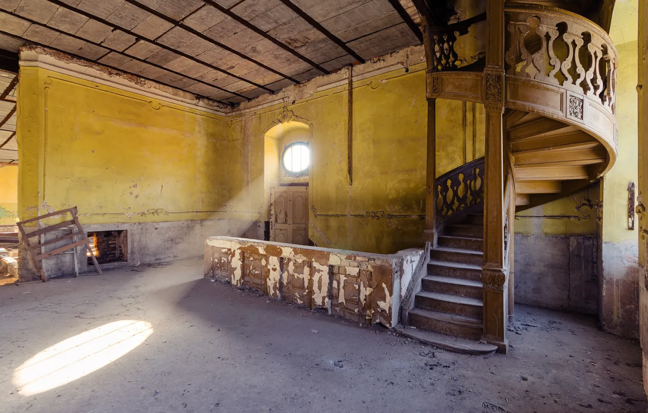 Photo wallpaper windows, wood, sunlight, abandoned, stairs, Sunray