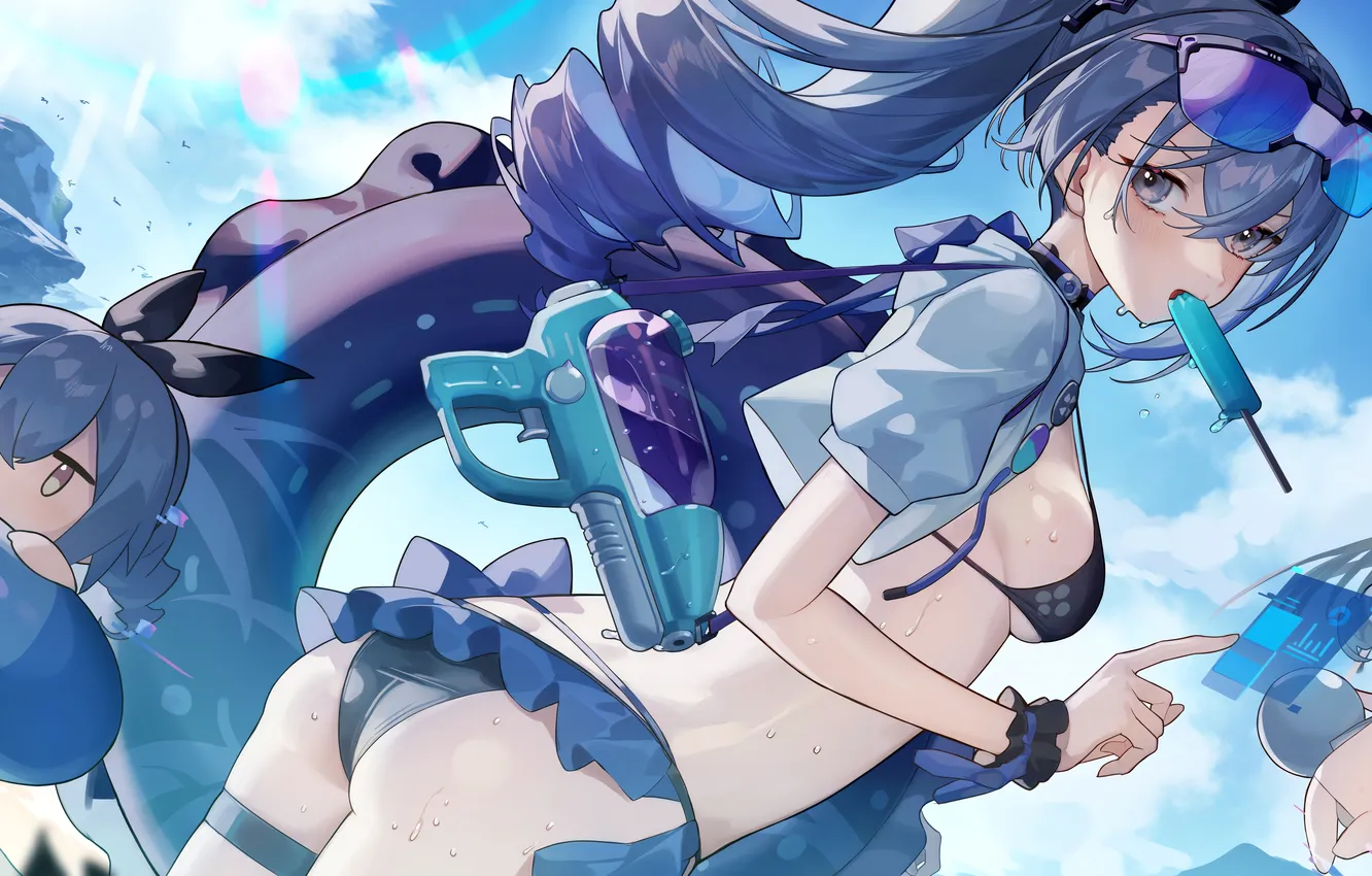 Photo wallpaper girl, sexy, ass, wet, cleavage, beach, sky, long hair