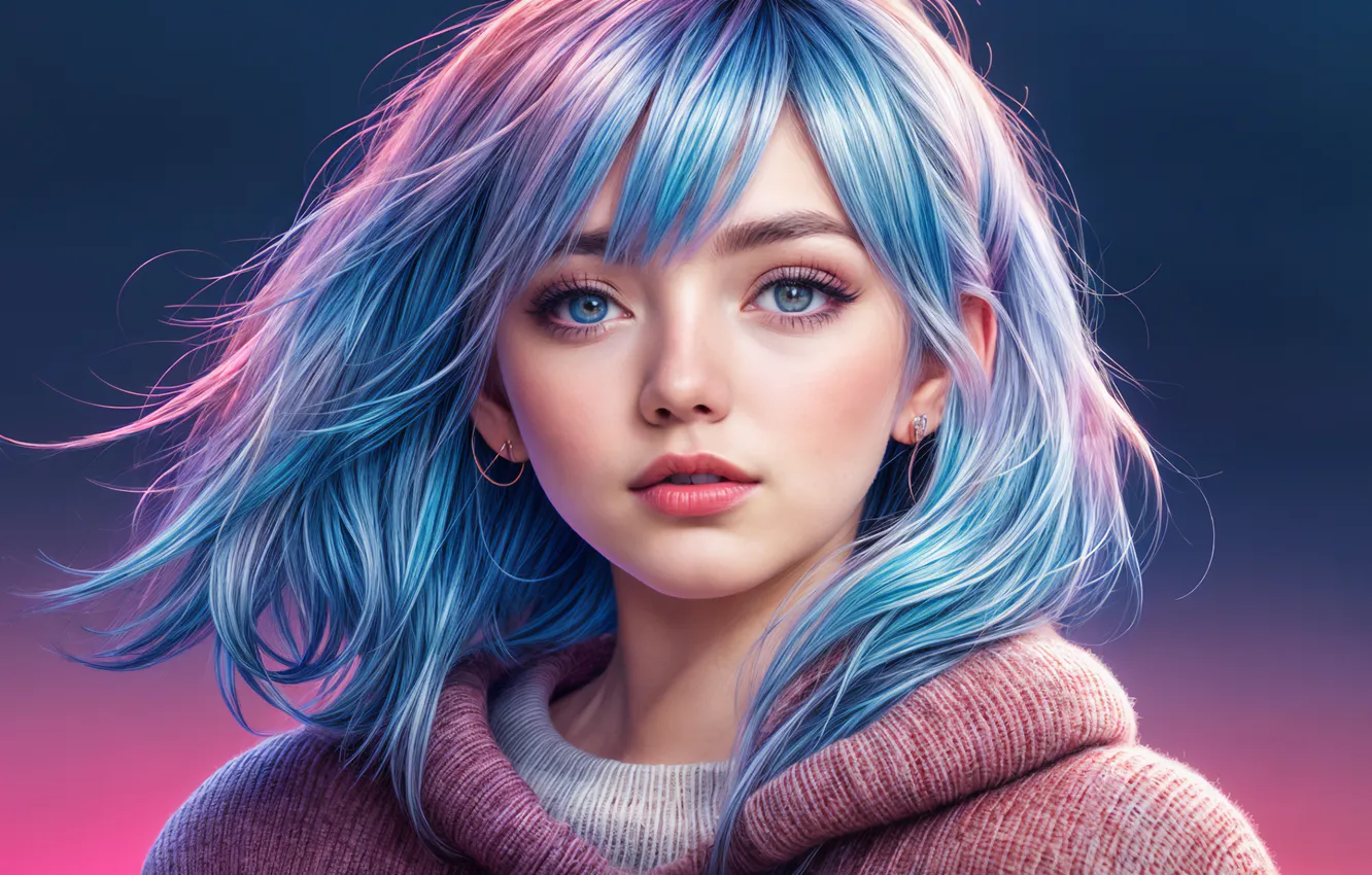 Wallpaper Fantasy, Blue eyes, Asian Girl, Blue hair, AI art for mobile ...