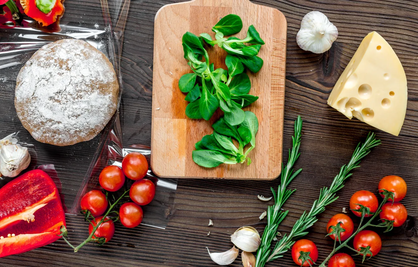 Photo wallpaper mushrooms, cheese, pepper, tomatoes, garlic, the dough, cuts