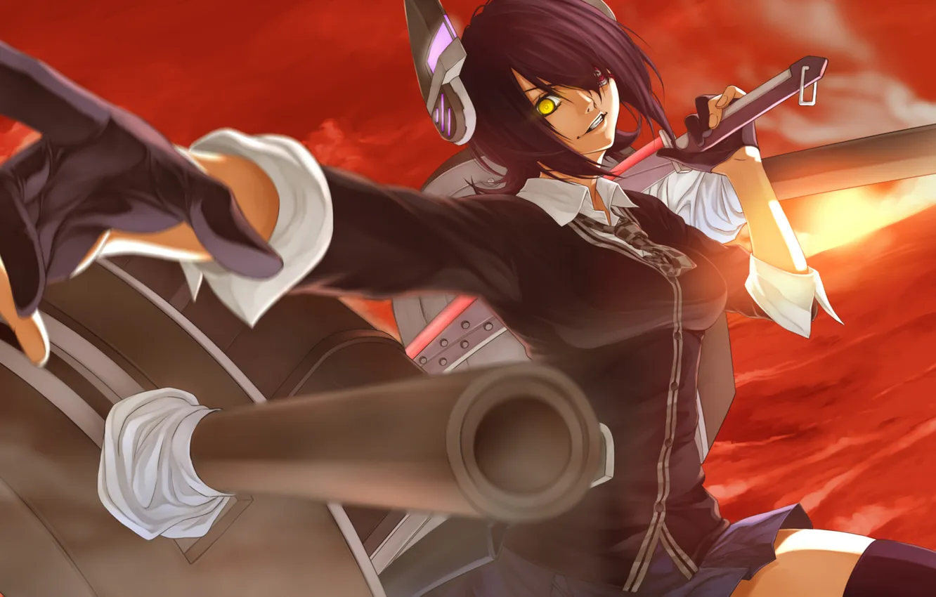 Photo wallpaper sea, look, girl, sunset, smile, weapons, gesture, art