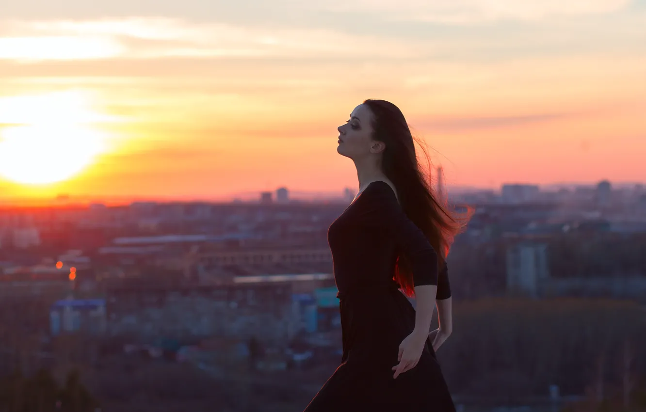 Photo wallpaper girl, city, glare, view, dress, brunette, black, sunset
