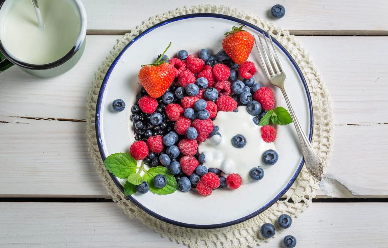 Photo wallpaper berries, raspberry, blueberries, strawberry, fresh, cream, berries, breakfast