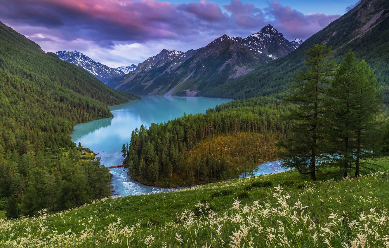 Photo wallpaper water, mountains, river, meadow