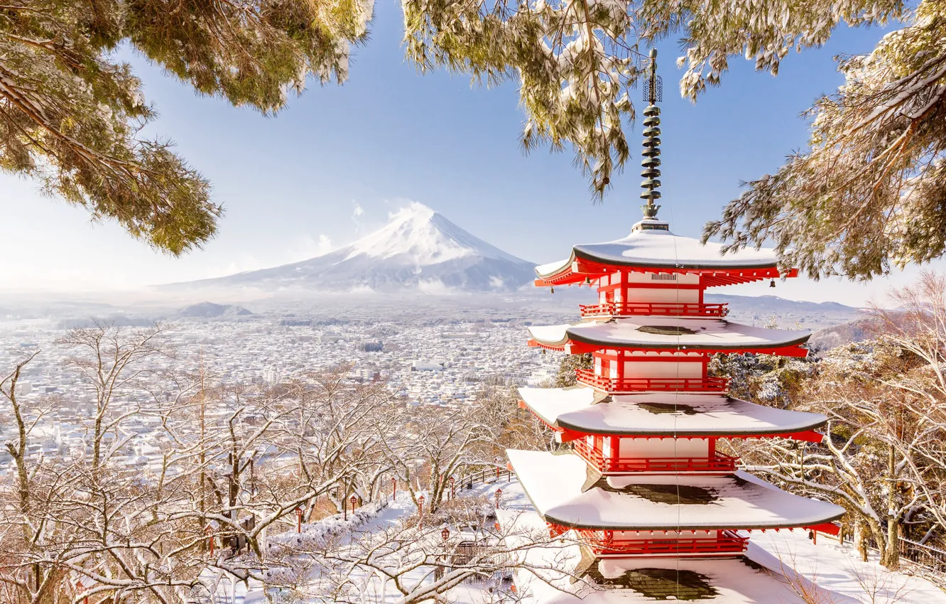 Photo wallpaper winter, mountain, Japan, pagoda, Fuji