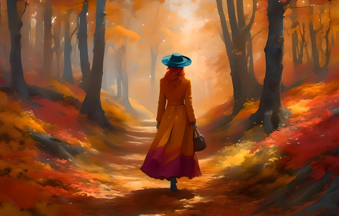 Photo wallpaper autumn, girl, Park, AI art, neural network