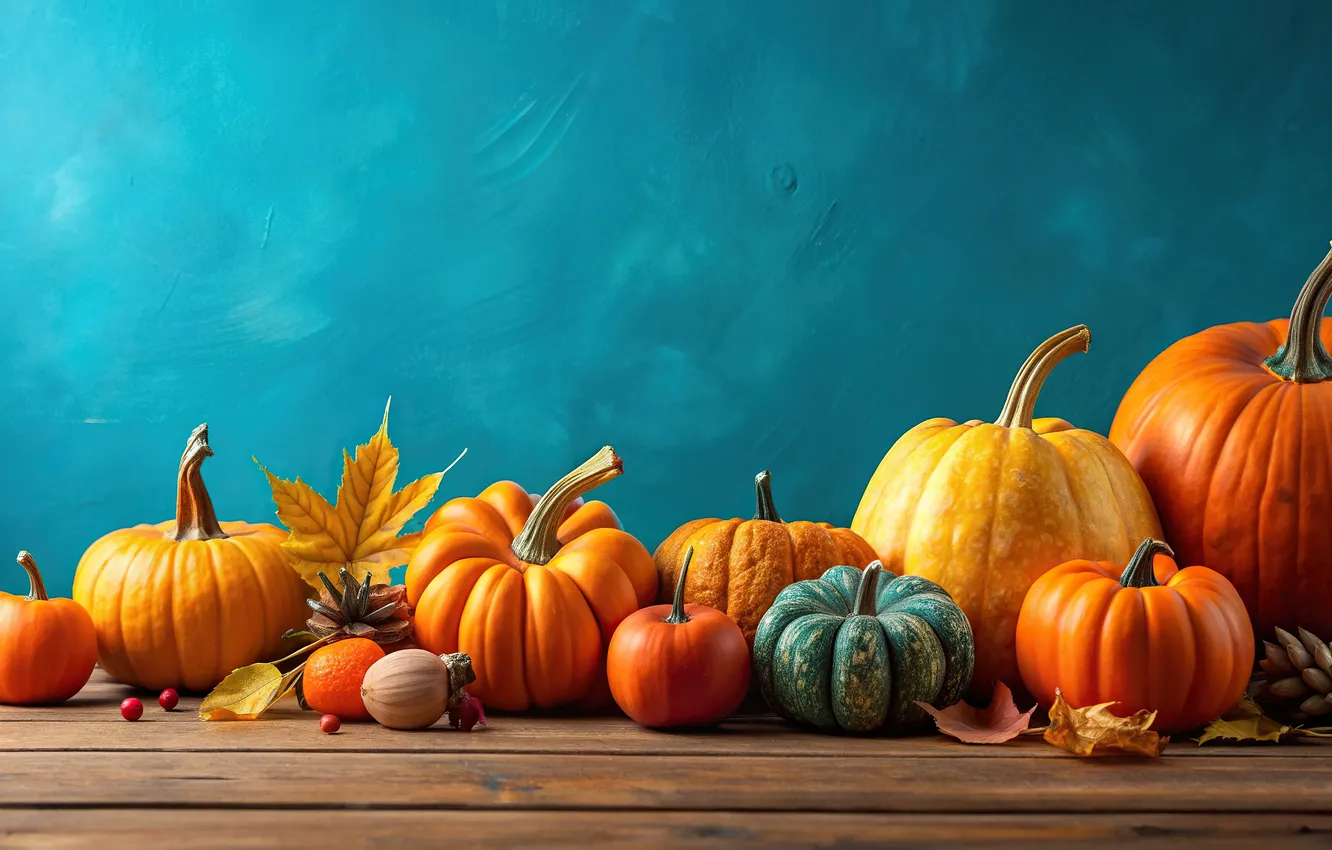 Photo wallpaper Board, harvest, pumpkin, different, a lot, blue background, autumn leaves, squash