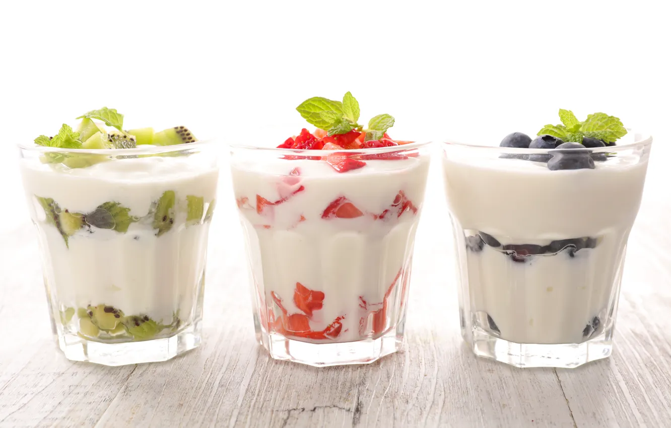 Photo wallpaper berries, kiwi, blueberries, strawberry, glasses, fruit, yogurt