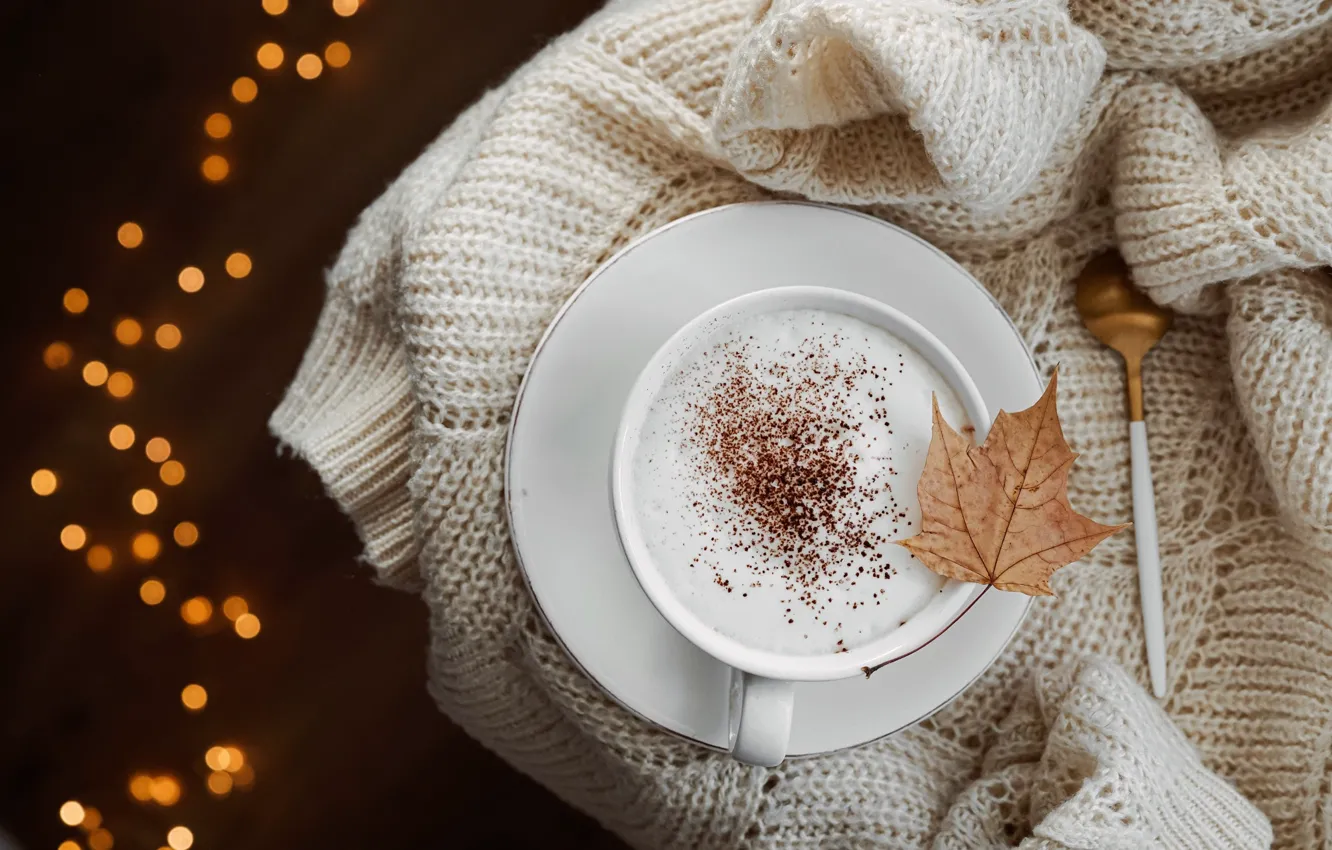 Photo wallpaper leaves, heat, coffee, spoon, Cup, cappuccino, bokeh