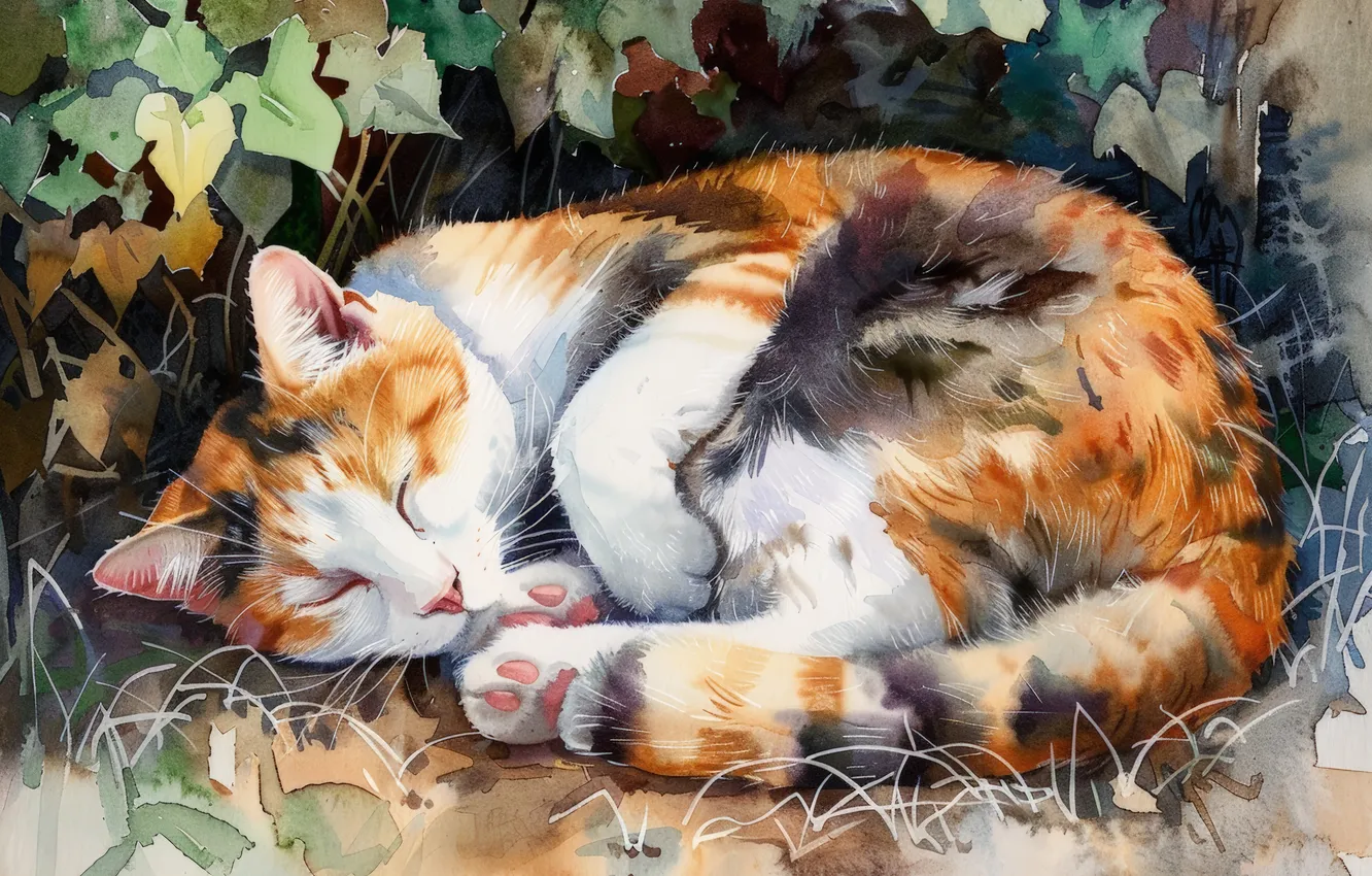 Photo wallpaper cat, cat, leaves, art, sleeping, digital art, imitation painting, AI art