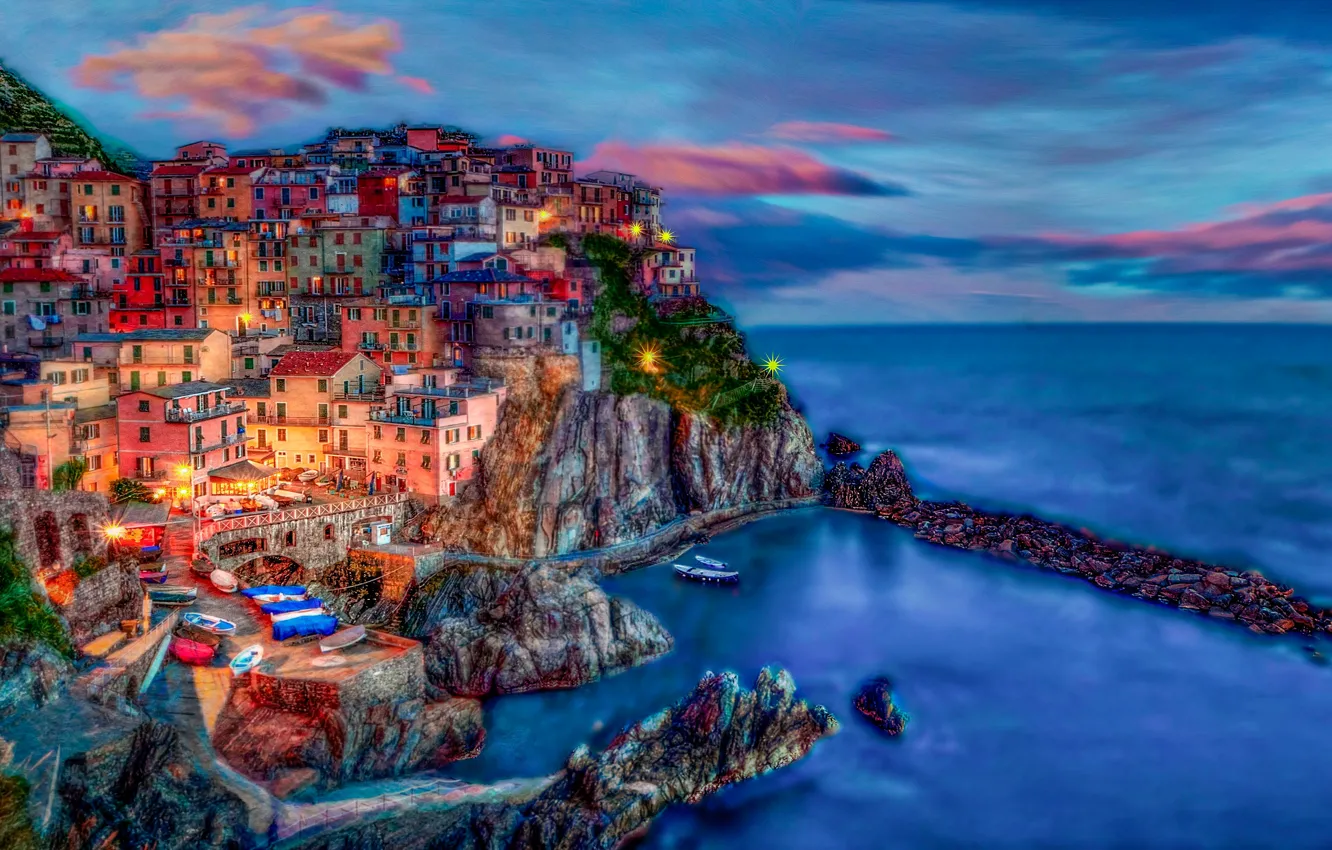 Photo wallpaper sea, rocks, coast, building, home, Italy, Italy, The Ligurian sea