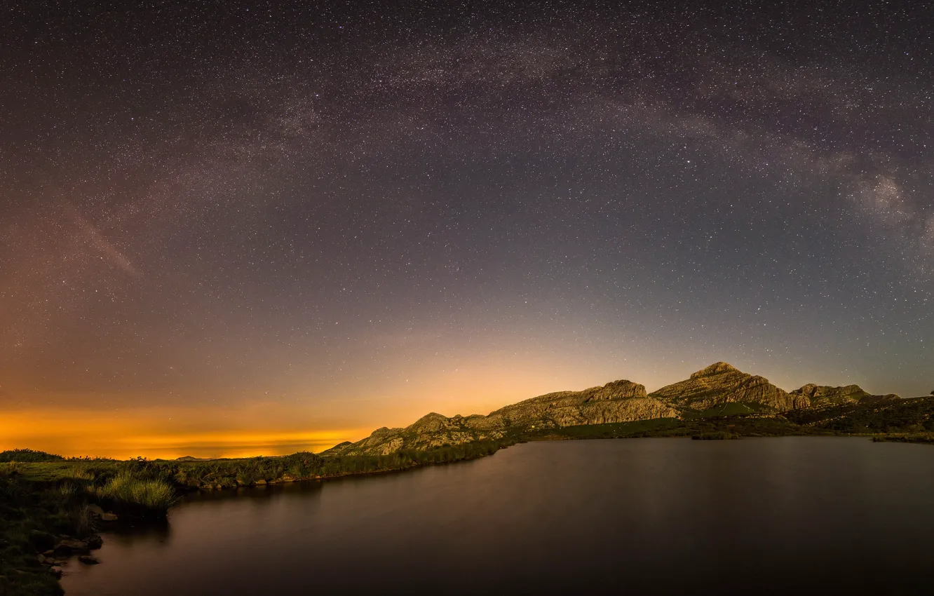 Photo wallpaper the sky, stars, light, mountains, night, lake, rocks, dawn
