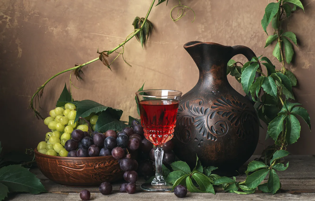 Photo wallpaper leaves, table, wall, wine, Board, glass, grapes, alcohol