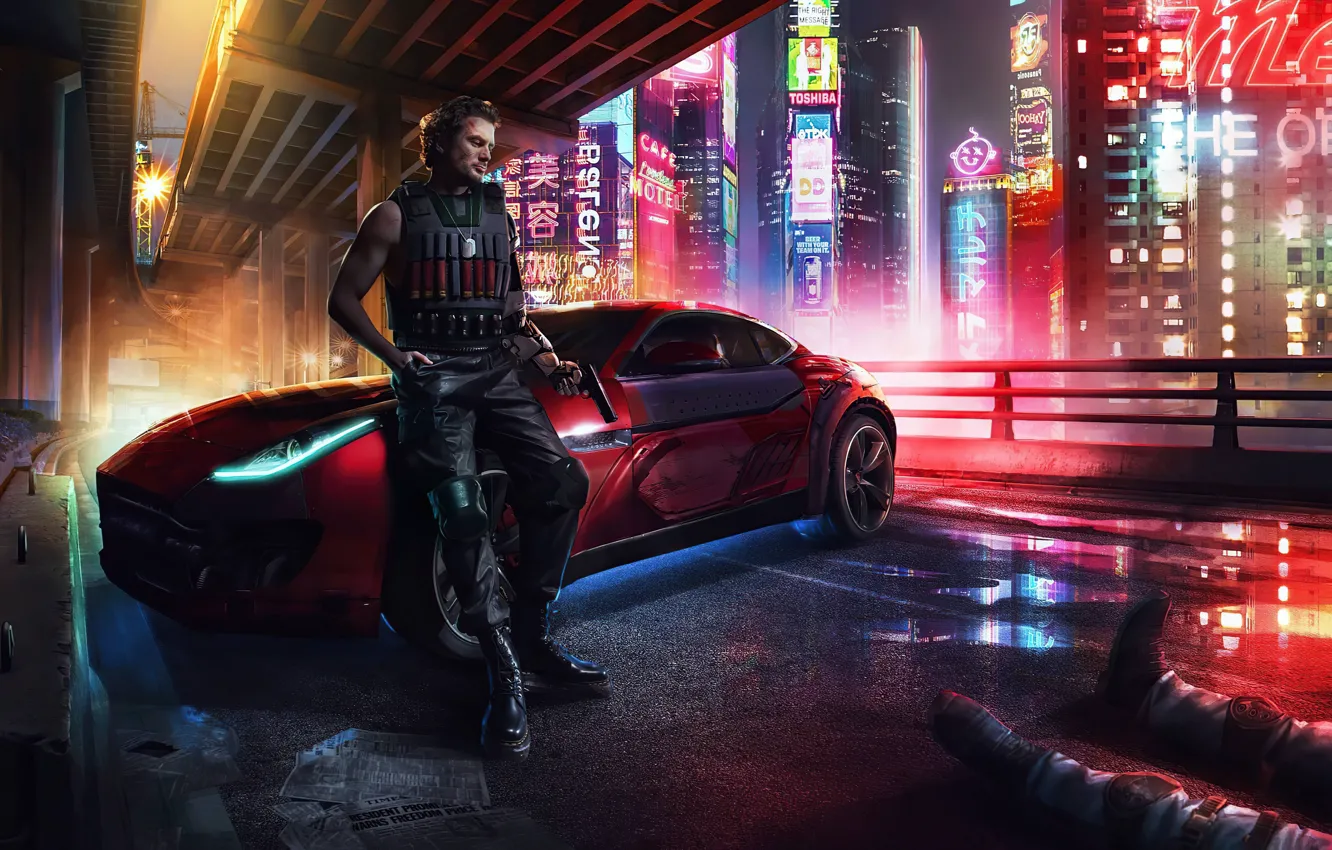 Photo wallpaper car, gun, Neon, man, futuristic, Cyberpunk