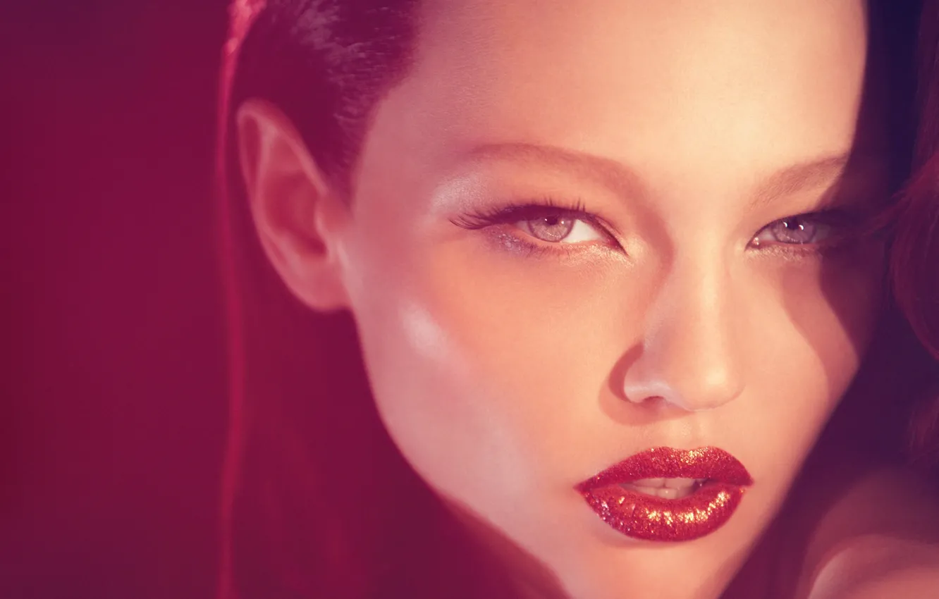 Photo wallpaper girl, lips, red background, Russian model, Sasha Pivovarova, Pivovarova, Marsianka