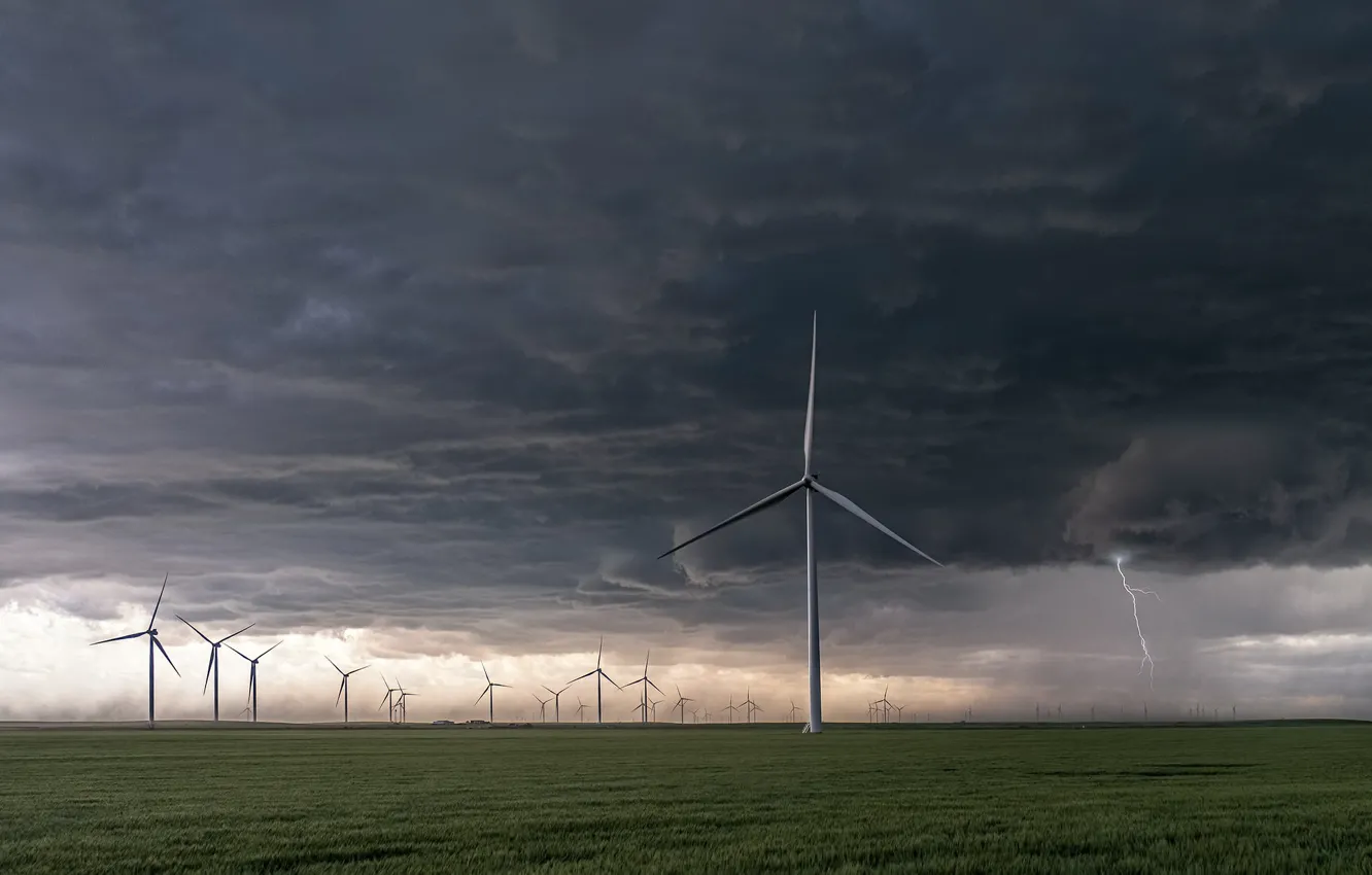 Photo wallpaper field, clouds, windmills