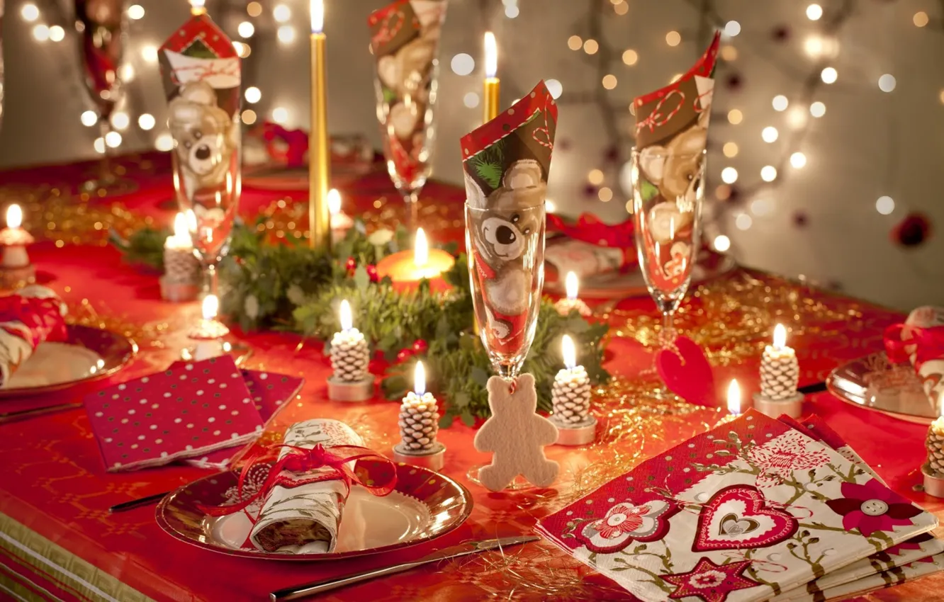 Photo wallpaper decoration, table, candles, New Year, Christmas, holidays, Christmas, holidays