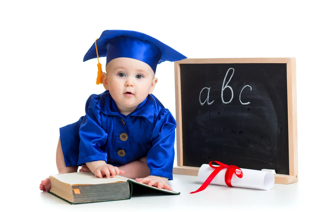Photo wallpaper blue, children, Board, book, uniform, baby, baby