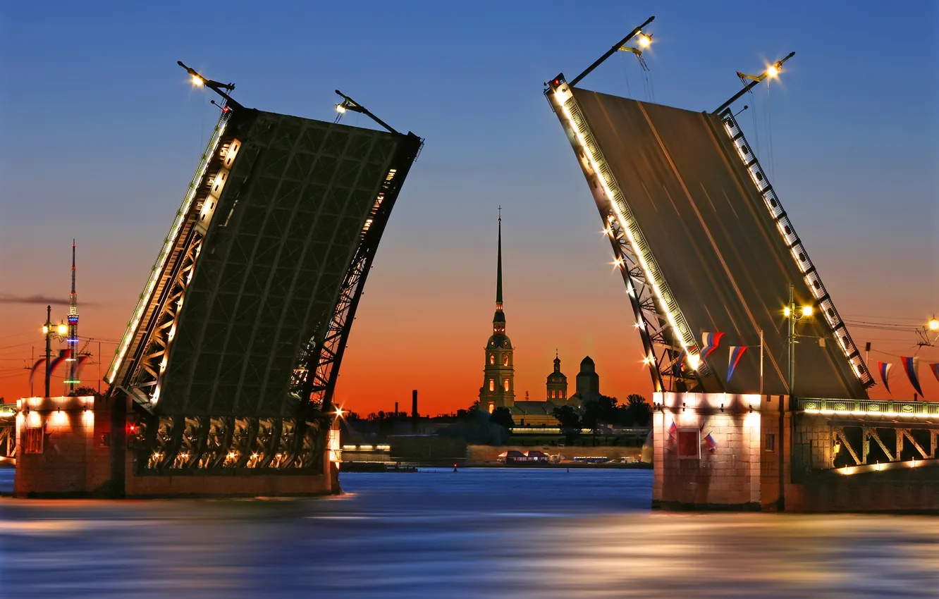Photo wallpaper night, bridge, lights, Russia, St. Petersburg