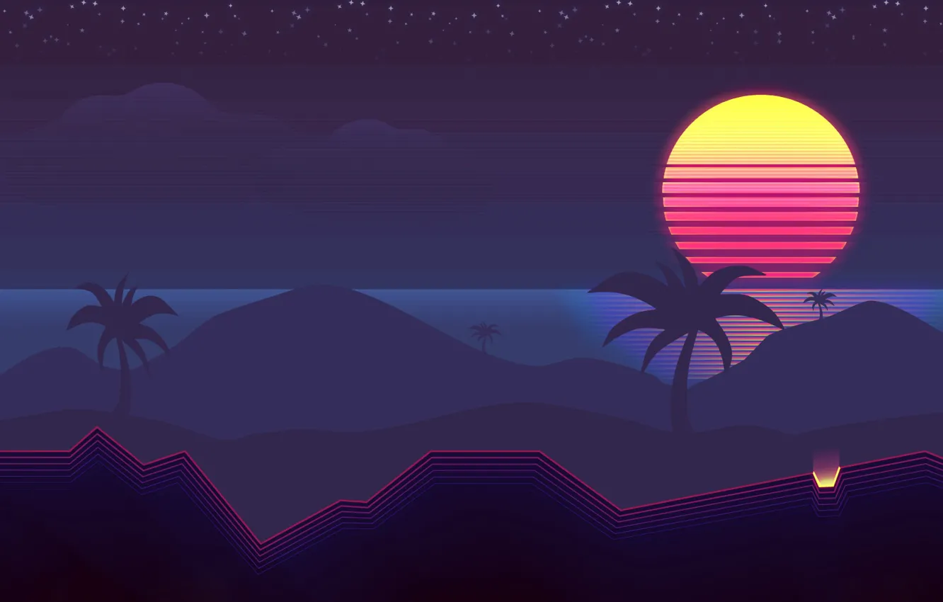 Photo wallpaper The sun, Music, Palm trees, Background, 80s, Neon, 80's, Synth