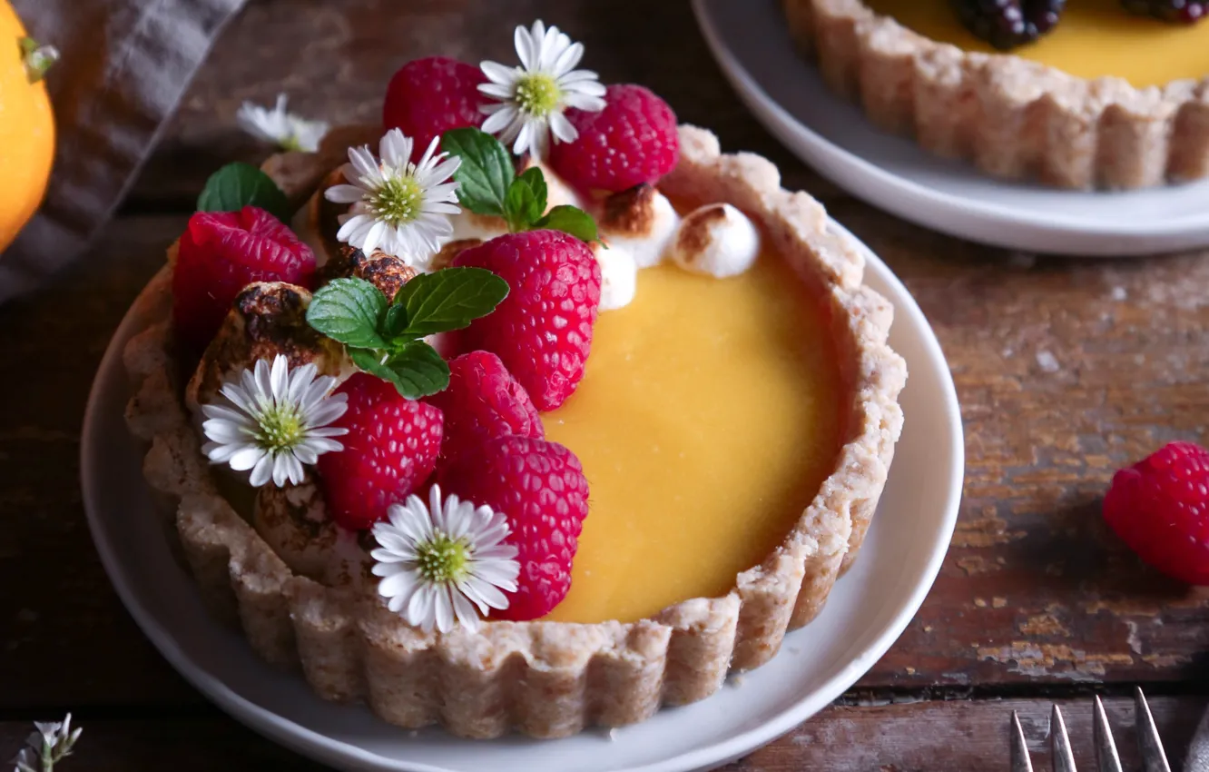 Photo wallpaper flowers, raspberry, tart, cake