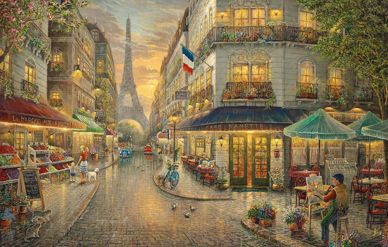 Photo wallpaper Painter, cars, bike, trees, street, cats, dove, Eiffel Tower