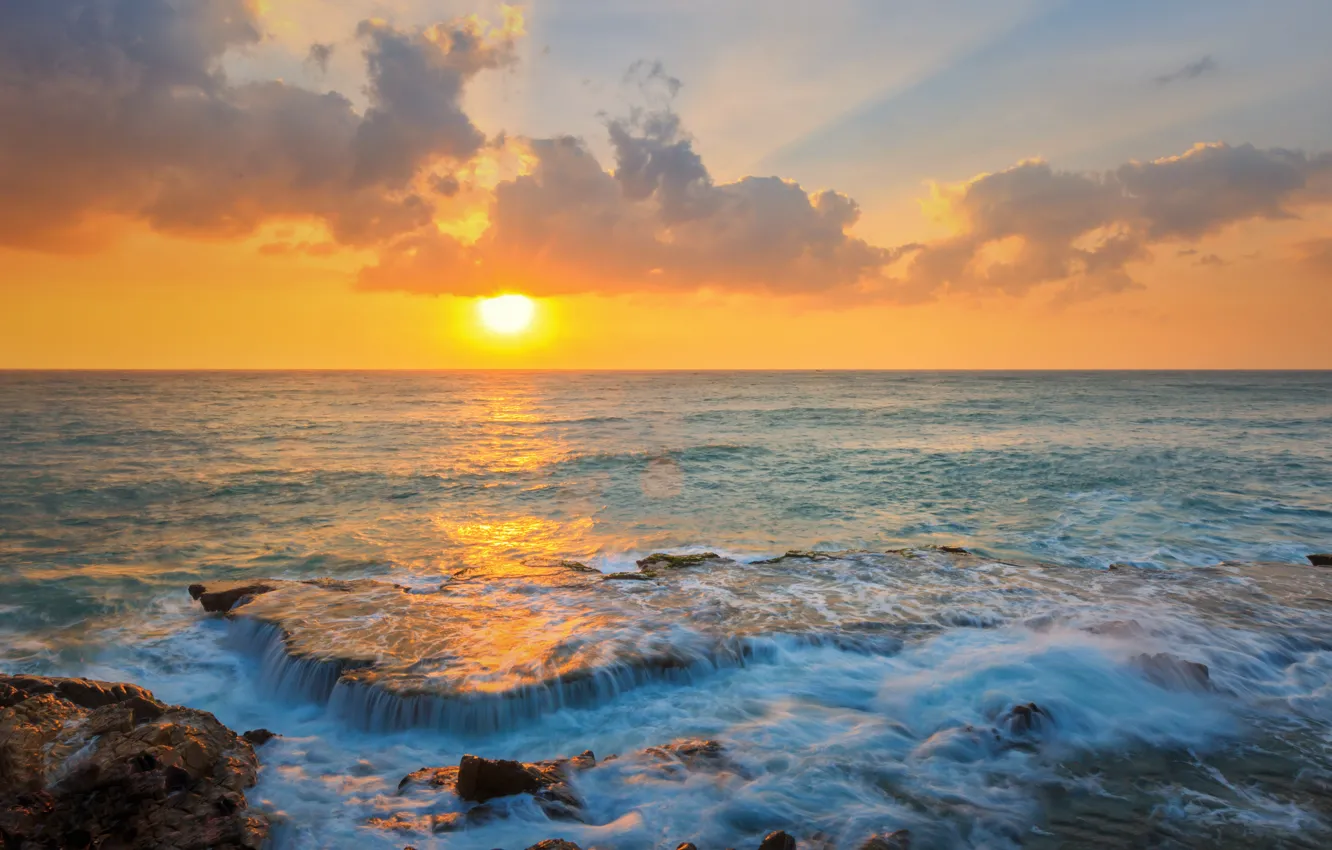 Photo wallpaper sea, wave, beach, summer, the sky, sunset, stones, shore
