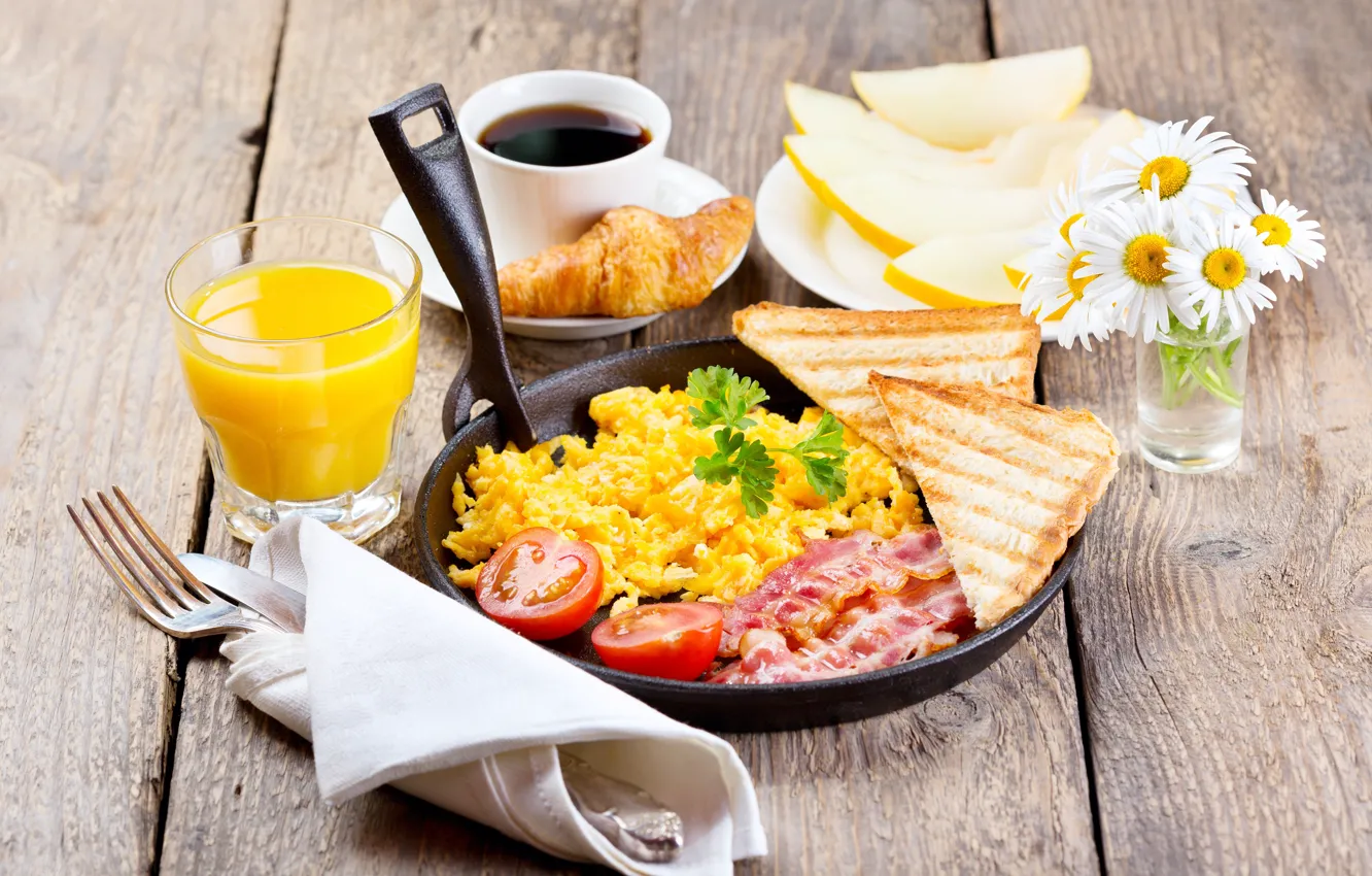 Photo wallpaper flowers, coffee, chamomile, Breakfast, juice, bread, bacon, melon