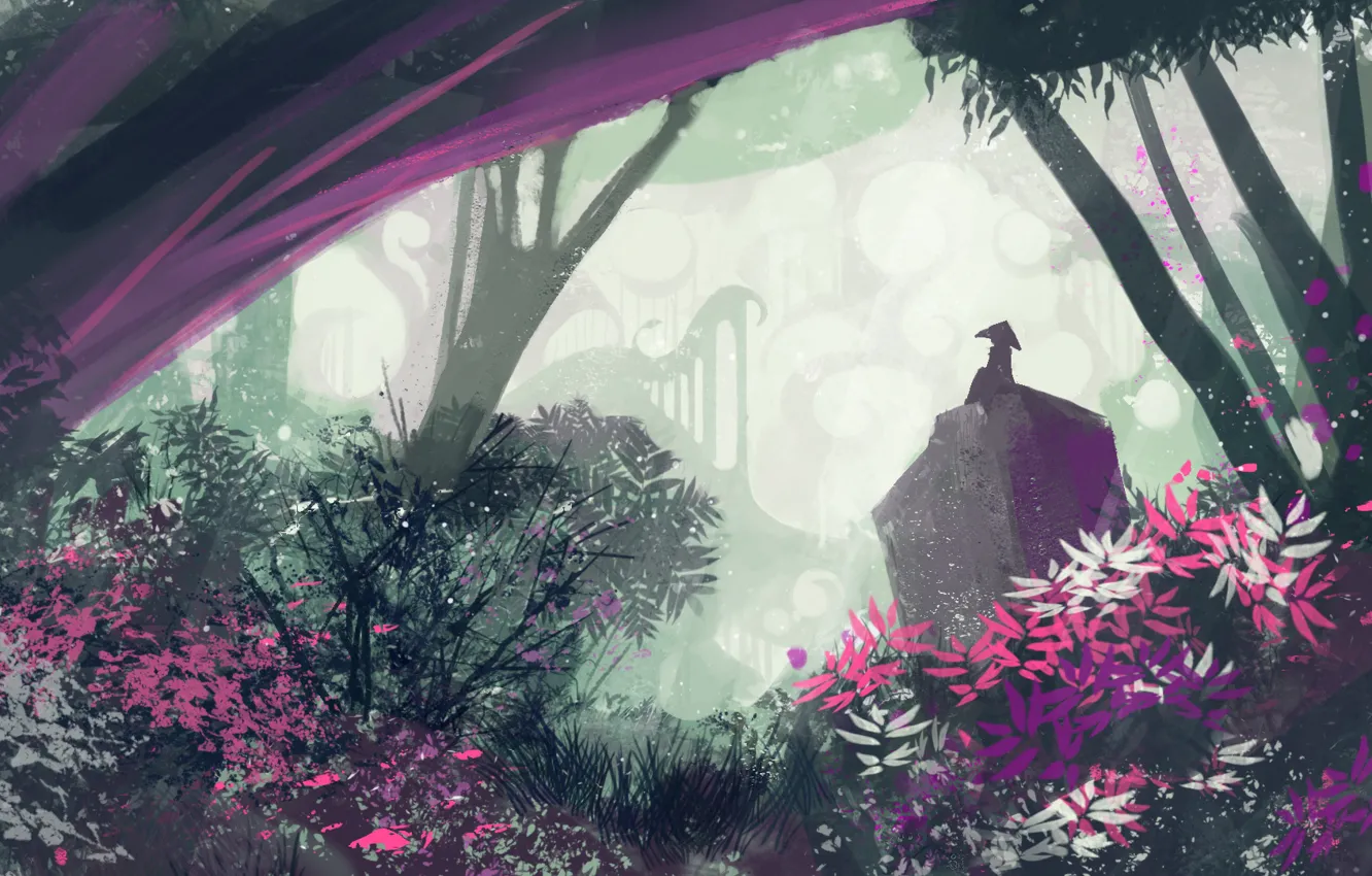Photo wallpaper forest, flowers, figure, art