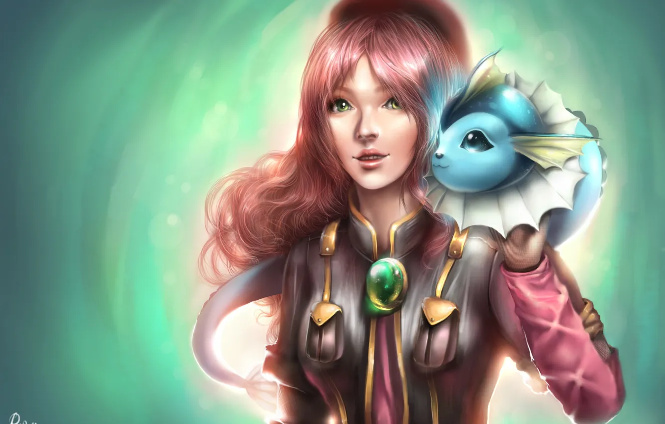 Photo wallpaper look, girl, stones, hair, being, art, tail, green eyes