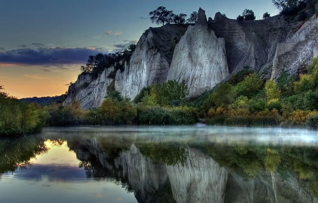Photo wallpaper the sky, clouds, river, rocks, the evening