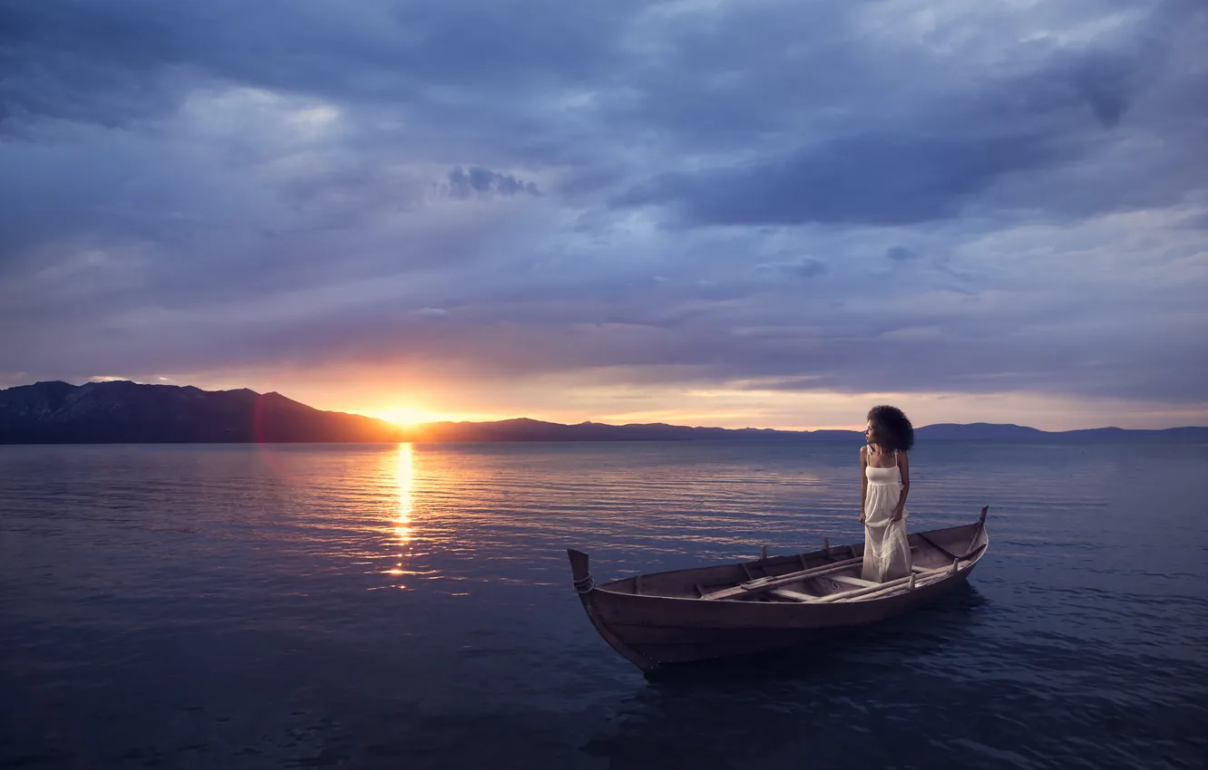 Photo wallpaper sea, girl, sunset, boat