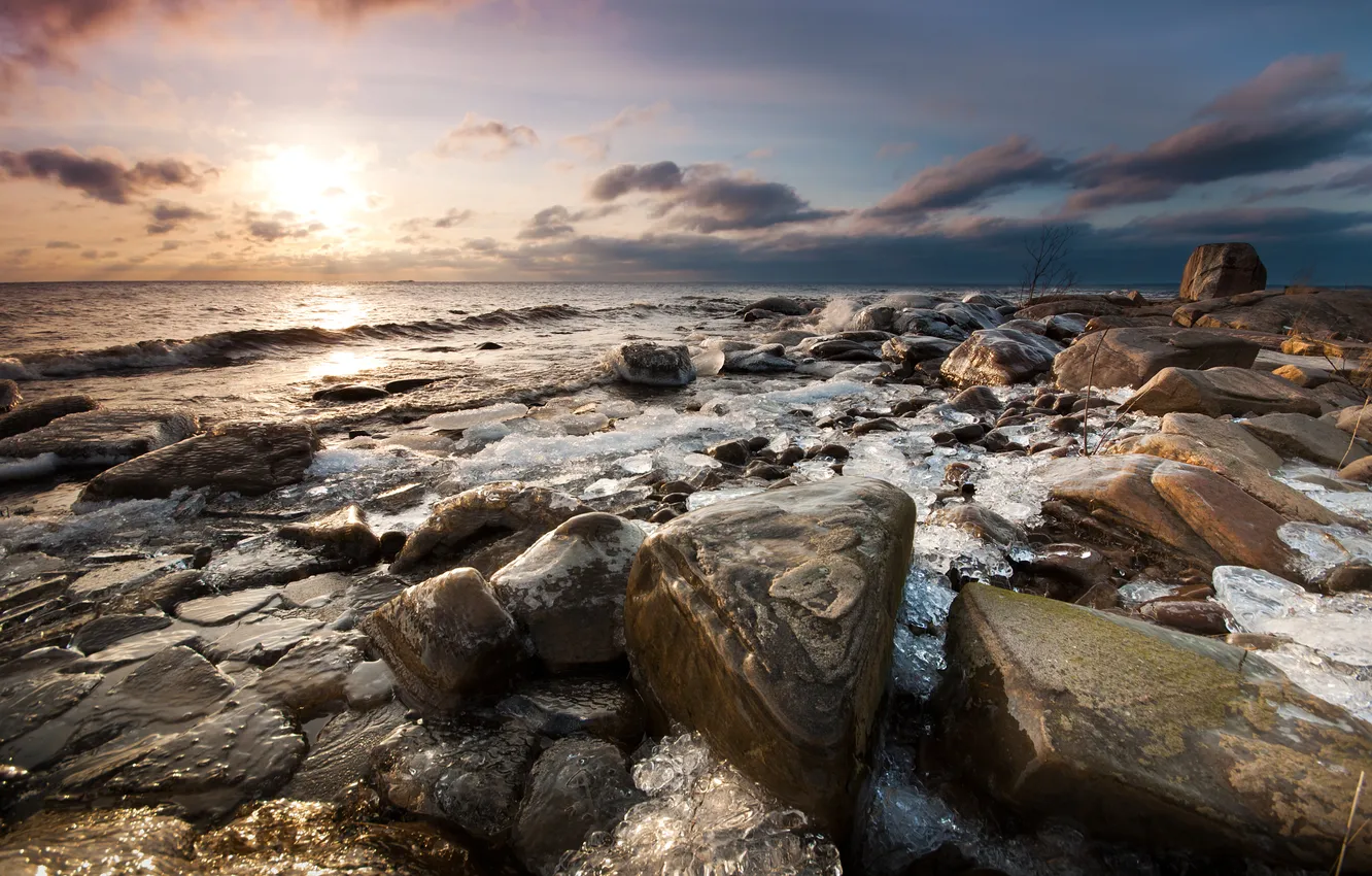 Photo wallpaper ice, sea, sunset, stones
