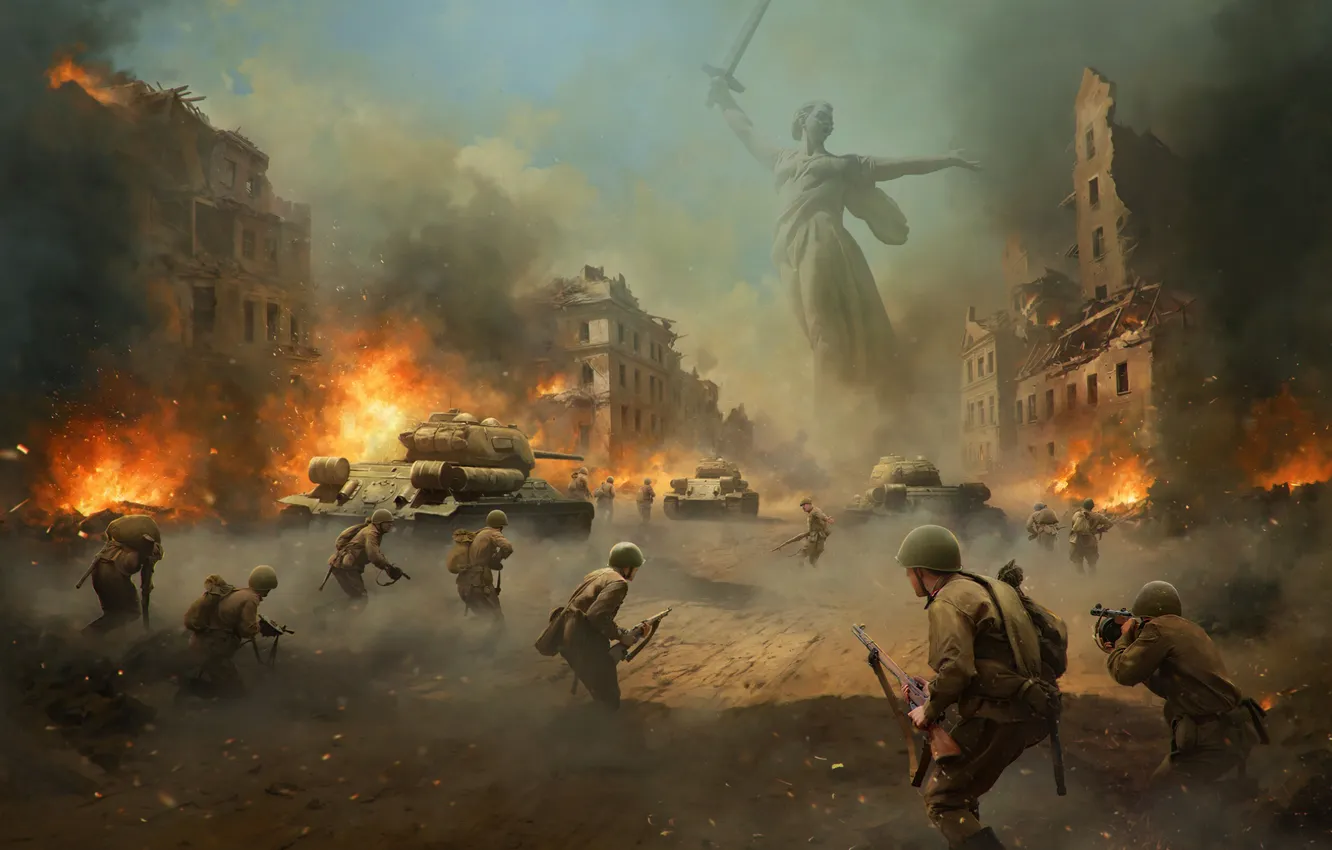 Photo wallpaper home, battle, art, soldiers, tank, USSR, ruins, T-34