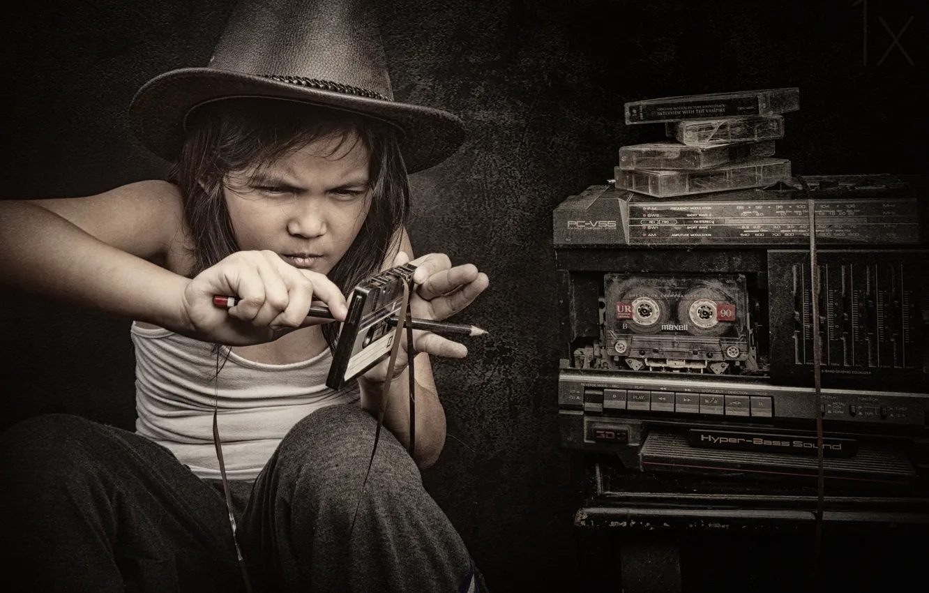 Photo wallpaper girl, cassette, tape, rewind