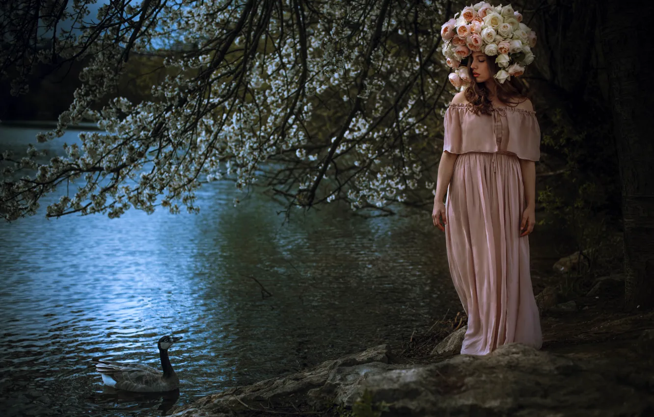 Photo wallpaper girl, flowers, nature, lake, dress, duck