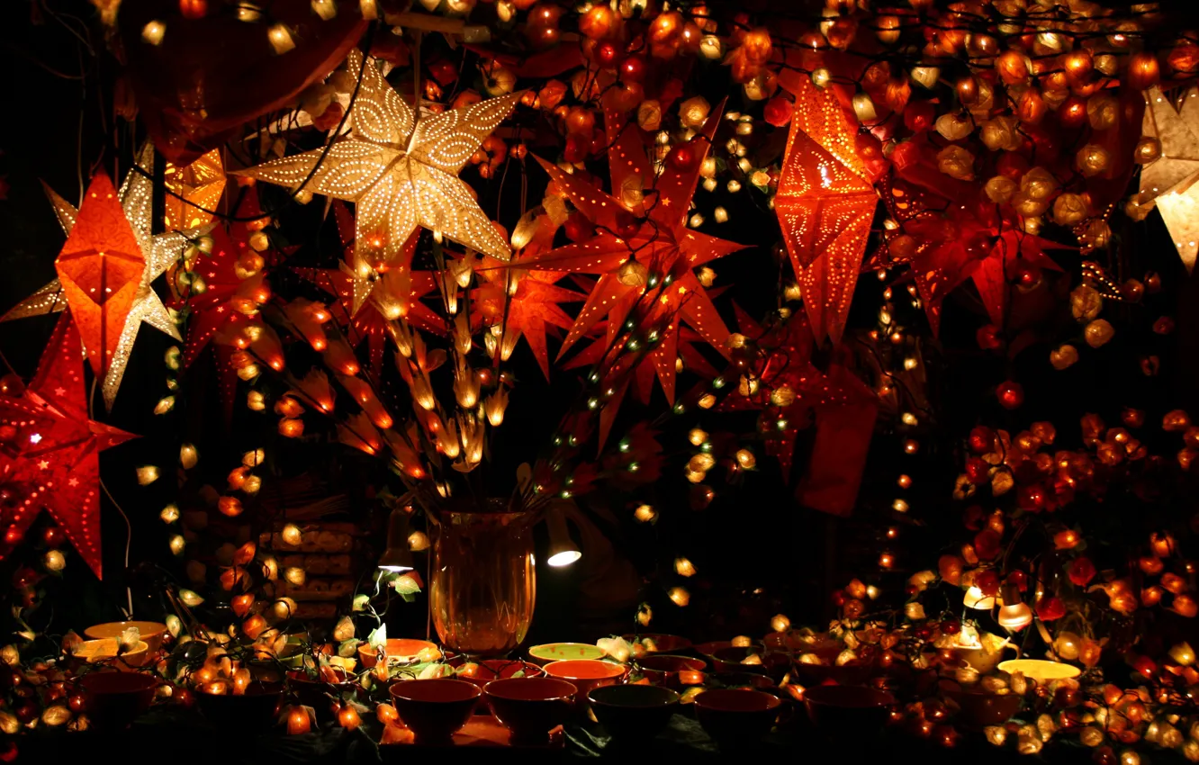 Photo wallpaper lights, wallpaper, christmas, holidays, beautiful, decoration, decor, garland
