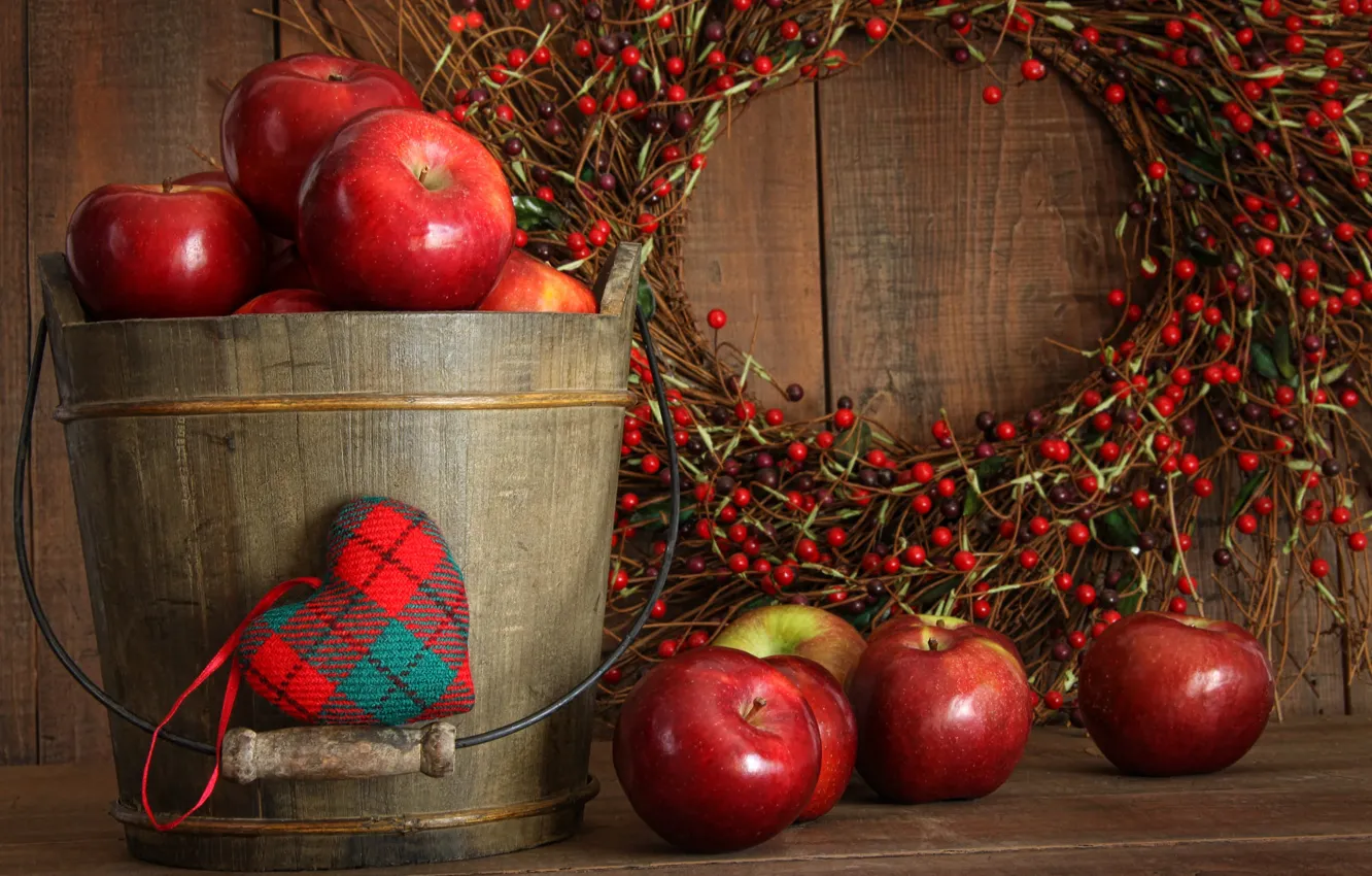 Photo wallpaper red, berries, apples, heart, Board, harvest, fruit, bucket