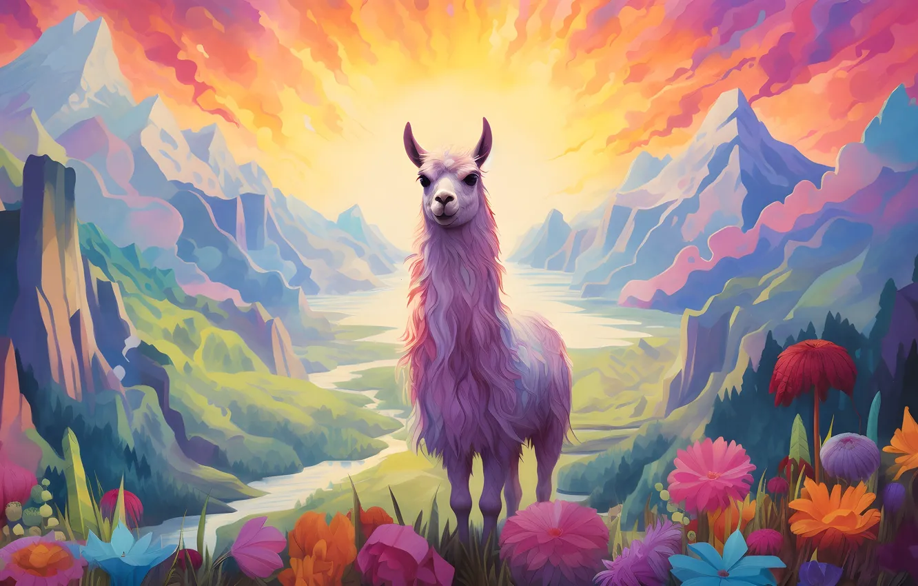 Photo wallpaper flowers, mountains, nature, Lama, fairy world, fantasy world, AI art, neural network
