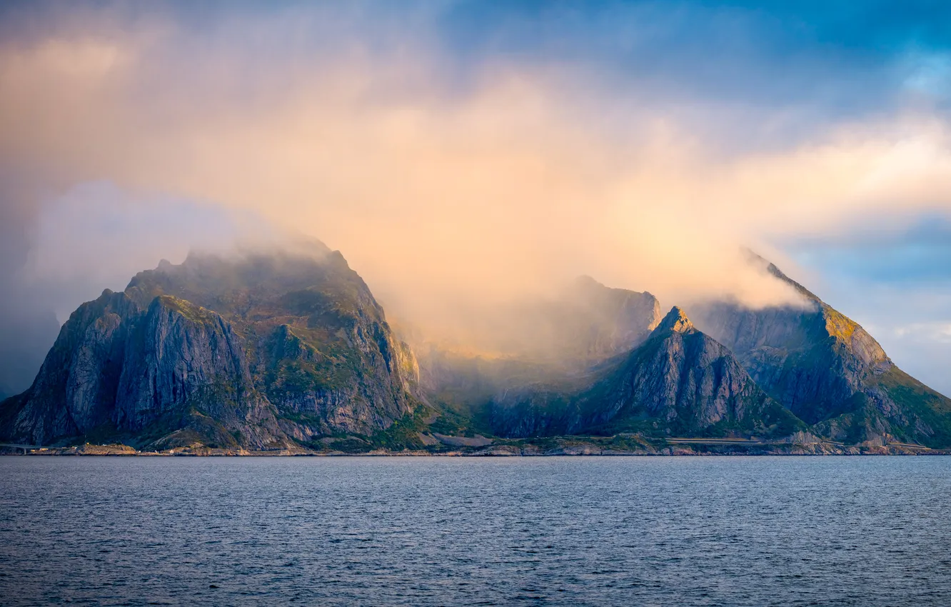 Photo wallpaper sea, the sky, the sun, clouds, mountains, rocks, coast, Norway