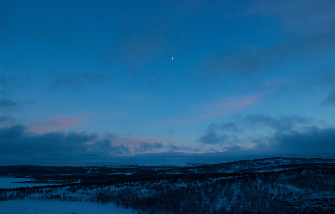 Photo wallpaper winter, forest, the sky, clouds, landscape, lake, a month