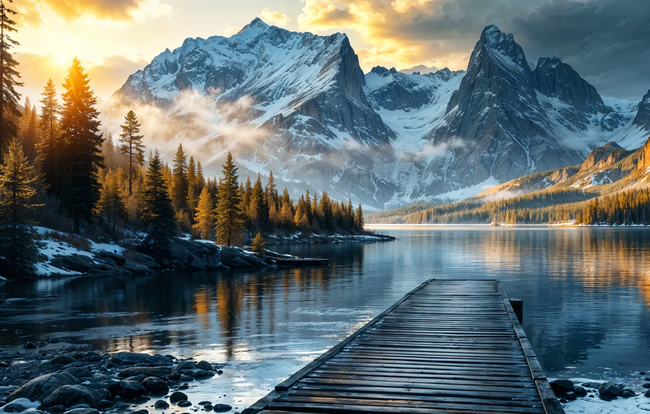 Photo wallpaper snow, trees, landscape, mountains, nature, river, panorama, river