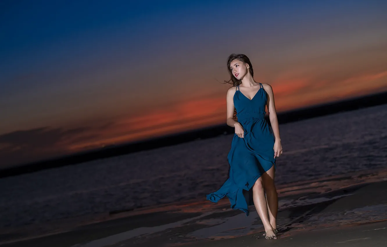 Photo wallpaper sand, coast, the evening, dress, Asian, cutie