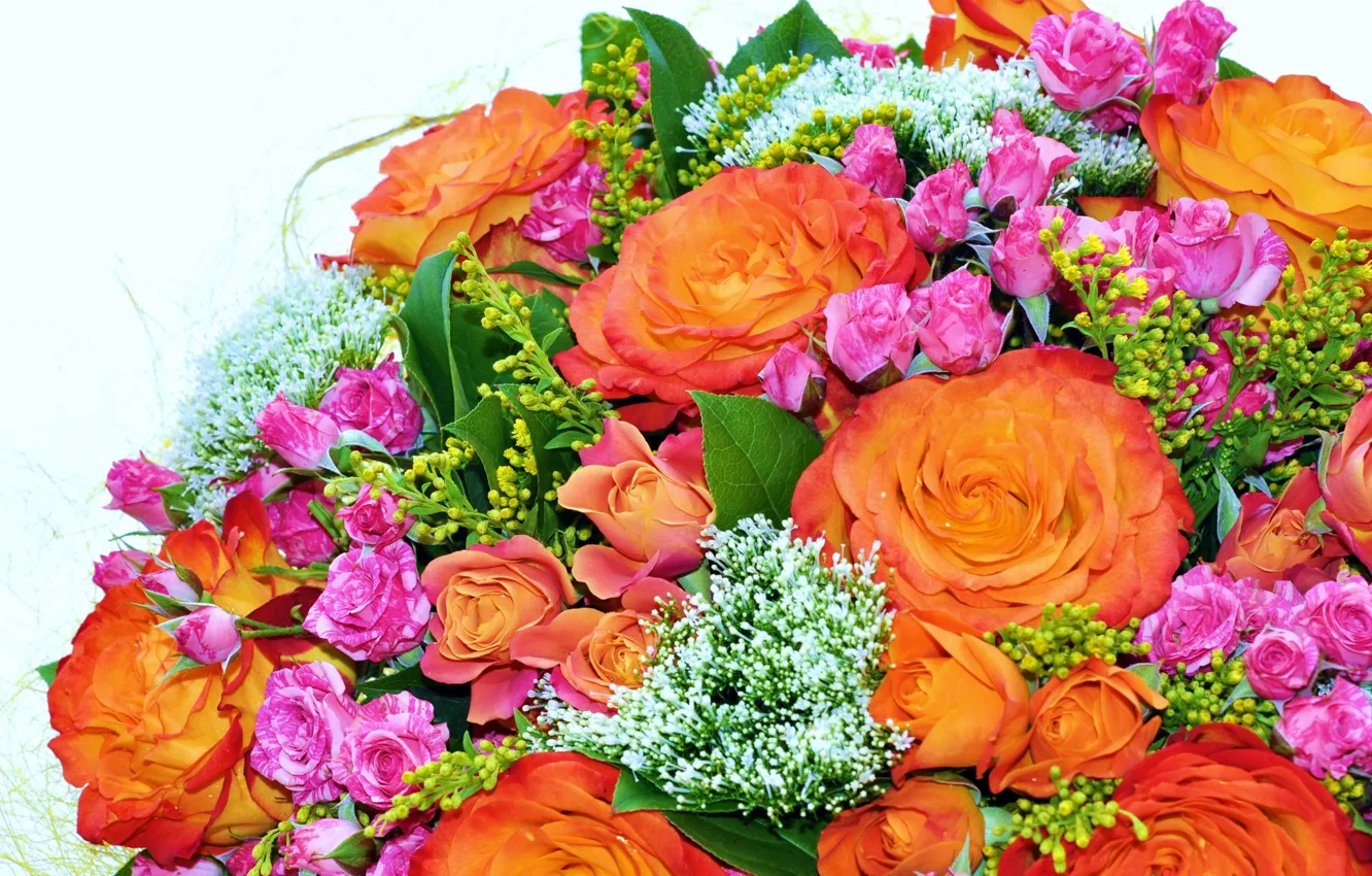 Photo wallpaper flowers, orange, bright, roses, bouquet, colorful, pink, beautiful