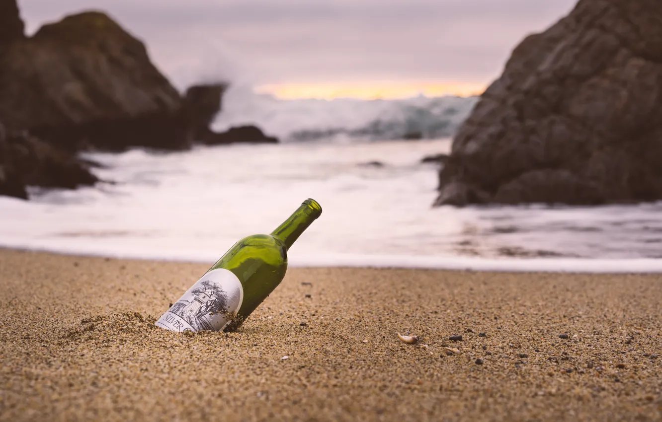 Photo wallpaper waves, beach, wine, rocks, sand, dusk, seaside, bottle